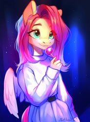 Size: 884x1200 | Tagged: safe, artist:sofiko-ko, character:fluttershy, species:anthro, species:pegasus, g4, candy, clothing, colored eyebrows, draw this in your style, evening, eye clipping through hair, eyebrows, female, food, holding, lollipop, looking away, mare, open mouth, outdoors, pants, pullover, signature, smiling, solo, standing, three quarter view, winged anthro, wings