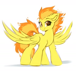 Size: 2144x2000 | Tagged: safe, artist:ask-colorsound, character:spitfire, species:pegasus, species:pony, g4, cute, cutefire, ear fluff, female, fiery mane, fluffy, high res, leg fluff, looking at you, mare, simple background, smiling, smiling at you, solo, spread wings, three quarter view, white background, wings