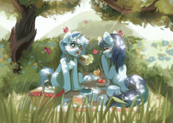 Size: 3000x2140 | Tagged: safe, artist:pledus, oc, oc only, species:pony, species:unicorn, basket, blushing, bush, butterfly, chest fluff, commission, cute, duo, ear fluff, eyes closed, female, flower, food, giggling, glowing horn, grass, high res, horn, levitation, magic, magic aura, mare, ocbetes, open mouth, picnic, picnic basket, picnic blanket, signature, sitting, sparkly eyes, strawberry, telekinesis, tree, unicorn oc, wingding eyes