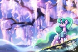 Size: 2528x1701 | Tagged: safe, artist:oofycolorful, character:mistmane, species:pony, species:unicorn, g4, clothing, curved horn, female, high res, horn, mare, robe, scenery, signature, smiling, solo, tree