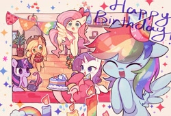 Size: 1703x1159 | Tagged: safe, artist:y_songmo, character:applejack, character:fluttershy, character:pinkie pie, character:rainbow dash, character:rarity, character:twilight sparkle, species:earth pony, species:pony, species:unicorn, g4, apple, apple family member, applejack's hat, basket, birthday, birthday cake, birthday party, book, cake, candle, clothing, cowboy hat, cute, dashabetes, diapinkes, eyes closed, female, flying, food, glowing horn, hat, holding, horn, jackabetes, levitation, magic, magic aura, mane six, mare, mouth hold, open mouth, party, party hat, raribetes, shyabetes, sparkles, spread wings, stetson, telekinesis, twiabetes, wings