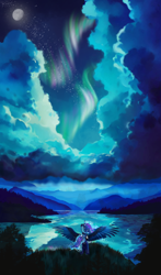 Size: 1500x2550 | Tagged: safe, artist:allegrenix, part of a set, character:princess luna, species:alicorn, species:pony, g4, aurora borealis, cloud, female, full moon, looking away, mare, moon, night, night sky, scenery, sky, solo, spread wings, starry night, stars, wings