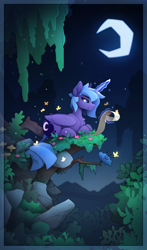 Size: 1430x2440 | Tagged: safe, artist:yakovlev-vad, character:princess luna, species:alicorn, species:pony, g4, butterfly, cliff, crescent moon, cute, eyebrows, female, forest, glowing, glowing horn, horn, lidded eyes, lunabetes, lying down, magic, mare, moon, night, profile, prone, reading, s1 luna, scenery, scroll, solo, telekinesis