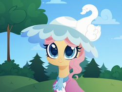 Size: 3000x2270 | Tagged: safe, artist:belka-sempai, character:swan song, species:earth pony, species:pony, g4, bust, clothing, cloud, colored pupils, cute, female, front view, full face view, hat, looking at you, mare, not fluttershy, scenery, sky, smiling, solo, tree