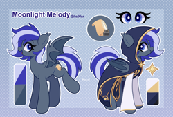 Size: 2650x1800 | Tagged: safe, artist:goyini01, oc, oc only, oc:moonlight melody, species:bat pony, species:pony, g4, bat wings, cape, clothing, cute, cutie mark, eyebrows, female, looking at you, mare, ocbetes, open mouth, profile, reference sheet, signature, simple background, smiling, spread wings, text, wings
