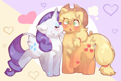 Size: 3415x2279 | Tagged: safe, artist:lumiville, character:applejack, character:rarity, species:earth pony, species:pony, species:unicorn, ship:rarijack, g4, apple family member, applejack's hat, blushing, butt fluff, cheek fluff, cheek kiss, chest fluff, clothing, cowboy hat, cute, eye clipping through hair, eyes closed, female, hat, heart, high res, jackabetes, kissing, lesbian, mare, open mouth, raised hoof, raised leg, raribetes, shipping, stetson