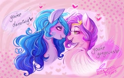 Size: 2647x1674 | Tagged: safe, artist:jazzy_snowflake, part of a set, character:izzy moonbow, character:pipp petals, species:pegasus, species:pony, species:unicorn, ship:pippbow, g5, abstract background, boop, bust, chest fluff, circlet, diadem, dialogue, duo, eyebrows, female, floating heart, glowing, glowing horn, gradient hair, heart, horn, lesbian, lidded eyes, looking at each other, looking at someone, magic, mare, multicolored hair, noseboop, pink background, pipp wings, profile, screentone, shipping, signature, simple background, sparkles, speech bubble, text