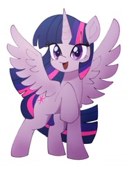 Size: 1066x1453 | Tagged: safe, artist:plusplus_pony, character:twilight sparkle, character:twilight sparkle (alicorn), species:alicorn, species:pony, g4, cute, female, horn, looking at you, mare, open mouth, raised hoof, simple background, solo, spread wings, twiabetes, white background, wings