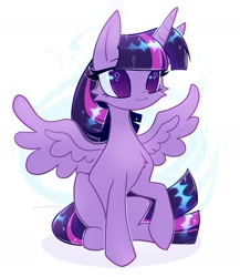 Size: 1728x1993 | Tagged: safe, artist:qwennondeathdie, character:twilight sparkle, character:twilight sparkle (alicorn), species:alicorn, species:pony, g4, cute, female, horn, mare, signature, sitting, solo, sparkles, spread wings, twiabetes, wings