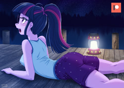 Size: 1200x848 | Tagged: safe, artist:uotapo, character:twilight sparkle, character:twilight sparkle (scitwi), species:eqg human, equestria girls:legend of everfree, g4, my little pony: equestria girls, my little pony:equestria girls, butt, camp everfree outfits, clothing, female, glasses, lamp, looking up, lying down, open mouth, patreon, patreon logo, ponytail, prone, shorts, solo, stargazing, tank top, twibutt