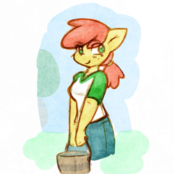 Size: 777x777 | Tagged: safe, artist:zutcha, character:apple bloom, species:anthro, species:earth pony, g4, adorabloom, alternate eye color, alternate hairstyle, apple family member, bucket, clothing, cute, denim, eye clipping through hair, eyebrows, eyebrows visible through hair, female, freckles, hair wrap, jeans, mare, older, pants, ponytail, shirt, smiling, solo, t-shirt, teenage apple bloom, wrong eye color