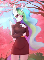 Size: 2216x3000 | Tagged: safe, artist:kutoshi, character:princess celestia, species:alicorn, species:anthro, g4, beautiful, breasts, busty princess celestia, cherry blossoms, clothing, curvy, dress, ethereal hair, eye clipping through hair, eyebrows, eyebrows visible through hair, female, flower, flower blossom, hand on chest, lips, long nails, looking at you, mare, sweater, sweater dress, thighs, turtleneck, wide hips, windswept mane