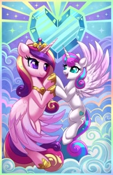 Size: 2650x4096 | Tagged: safe, artist:confetticakez, character:princess cadance, character:princess flurry heart, species:alicorn, species:pony, g4, cloud, crystal heart, cute, cutedance, daughter, duo, female, filly, flurrybetes, flying, foal, happy, holding hooves, holofoil poster, iridescent, looking at each other, looking at someone, mama cadence, mare, mother, mother and child, mother and daughter, older, older flurry heart, open mouth, open smile, parent and child, smiling, smiling at each other, young