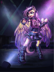 Size: 1935x2577 | Tagged: safe, artist:meishavo, character:fluttershy, species:pegasus, species:pony, g4, boots, clothing, collar, female, hoof hold, mare, microphone, midriff, open mouth, partially open wings, semi-anthro, shirt, shoes, singing, skirt, spotlight, stage, wings