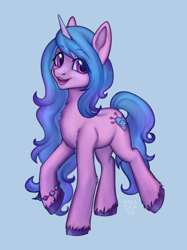 Size: 1888x2527 | Tagged: safe, artist:meishavo, character:izzy moonbow, species:pony, species:unicorn, g5, blue background, colored hooves, cute, eye clipping through hair, eyebrows, eyebrows visible through hair, female, gradient hair, hooves, izzybetes, looking at you, mare, multicolored hair, open mouth, open smile, raised hoof, raised leg, signature, simple background, smiling, smiling at you, solo, standing on two hooves, three quarter view, unshorn fetlocks