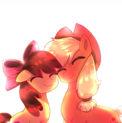 Size: 1280x1289 | Tagged: safe, artist:jaanhavi, character:apple bloom, character:applejack, species:earth pony, species:pony, g4, adorabloom, apple family member, apple sisters, cute, eyes closed, female, filly, floppy ears, foal, jackabetes, mare, nuzzling, siblings, simple background, sisters, white background, young