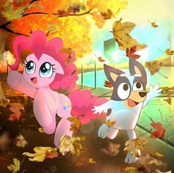 Size: 896x892 | Tagged: safe, artist:jaanhavi, character:pinkie pie, species:dog, species:earth pony, species:pony, g4, australian cattle dog, autumn, bluey, bluey heeler, crossover, cute, diapinkes, duo, duo female, female, leaves, mare, open mouth, open smile, reaching, smiling