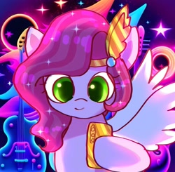 Size: 1881x1840 | Tagged: safe, artist:jaanhavi, part of a set, character:pipp petals, species:pegasus, species:pony, g5, abstract background, adorapipp, bust, cellphone, circlet, colored pupils, cute, female, front view, full face view, hoof hold, looking at you, phone, pipp wings, princess pipp, smartphone, solo, spread wings, that pony sure does love phones, wings