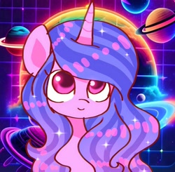 Size: 1881x1840 | Tagged: safe, artist:jaanhavi, part of a set, character:izzy moonbow, species:pony, species:unicorn, g5, abstract background, bust, cute, female, gradient hair, izzybetes, jewelry, looking up, mare, multicolored hair, planet, ring, saturn, smiling, solo, space