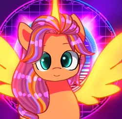 Size: 1881x1840 | Tagged: safe, artist:jaanhavi, part of a set, character:sunny starscout, species:alicorn, species:earth pony, species:pony, g5, abstract background, alicornified, artificial alicorn, artificial horn, artificial wings, augmented, bust, cute, eyebrows, female, front view, full face view, horn, looking at you, magic, magic horn, magic wings, mare, race swap, smiling, smiling at you, solo, spread wings, sunnybetes, sunnycorn, wings