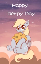 Size: 542x845 | Tagged: safe, artist:jaanhavi, character:derpy hooves, species:pegasus, species:pony, g4, cute, derpabetes, derpy day, female, folded wings, food, giant muffin, looking at you, mare, muffin, sitting, solo, text, three quarter view, underhoof, wings