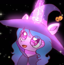 Size: 1433x1444 | Tagged: safe, artist:jaanhavi, character:izzy moonbow, species:pony, species:unicorn, g5, bells, clothing, cute, eye clipping through hair, female, glowing, glowing horn, gradient hair, hat, horn, izzybetes, looking up, magic, magic aura, mare, multicolored hair, open mouth, open smile, smiling, solo, space background, stars, witch hat