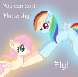 Size: 1531x1507 | Tagged: safe, artist:jaanhavi, character:fluttershy, character:rainbow dash, species:pegasus, species:pony, g4, blank flank, cute, dashabetes, dialogue, ditext, duo, encouragement, encouraging, female, filly, filly fluttershy, filly rainbow dash, flying, looking at someone, profile, reaching, shyabetes, simple background, smiling, spread wings, wings, young, younger