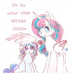 Size: 1204x1300 | Tagged: safe, artist:jaanhavi, character:princess flurry heart, oc, parent:princess cadance, parent:shining armor, parents:shiningcadance, unnamed oc, species:alicorn, species:pony, g4, alicorn oc, cute, duo, eye clipping through hair, female, filly, flurrybetes, foal, horn, mare, ocbetes, offspring, older, older flurry heart, siblings, sisters, teary eyes, text, wing umbrella, wings, young