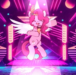 Size: 949x934 | Tagged: safe, artist:jaanhavi, character:pipp petals, species:pegasus, species:pony, g5, adorapipp, circlet, cute, eyes closed, female, flying, hoof hold, microphone, open mouth, pipp wings, singing, solo, spotlight, spread wings, stage, wings
