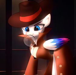 Size: 949x934 | Tagged: safe, artist:jaanhavi, character:zipp storm, species:pegasus, species:pony, g5, clothing, coat, colored eyebrows, colored wings, detective, detective zipp, eyebrows, fedora, female, folded wings, hat, hoof hold, magnifying glass, mare, multicolored wings, solo, trenchcoat, wings