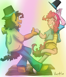 Size: 1500x1750 | Tagged: safe, artist:vastile, character:cheese sandwich, character:pinkie pie, species:anthro, species:earth pony, species:unguligrade anthro, ship:cheesepie, g4, clothing, dancing, duo, female, hat, male, mare, shipping, signature, smiling, stallion, straight