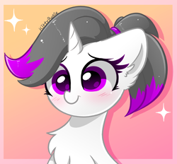 Size: 2800x2600 | Tagged: safe, artist:kittyrosie, oc, oc only, oc:hazel radiate, species:pony, species:unicorn, g4, abstract background, blushing, bust, chest fluff, commission, commissioner:biohazard, cute, ear fluff, eyebrows, eyelashes, female, floppy ears, fluffy, gradient background, high res, highlights, horn, icon, mare, ocbetes, ponytail, purple eyes, signature, simple background, solo, sparkles, unicorn oc