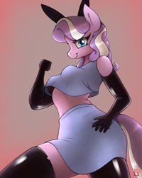 Size: 2000x2500 | Tagged: safe, alternate version, artist:naen, character:diamond tiara, species:anthro, species:earth pony, g4, bra, bunny ears, clothing, female, gloves, latex, latex gloves, latex stockings, looking at you, looking down, looking down at you, mare, older, older diamond tiara, pink background, profile, shirt, signature, simple background, skirt, smiling, socks, solo, stockings, thigh highs