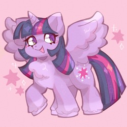 Size: 2000x2000 | Tagged: safe, artist:lumiville, character:twilight sparkle, character:twilight sparkle (alicorn), species:alicorn, species:pony, g4, chest fluff, cute, female, high res, looking at you, mare, open mouth, open smile, pink background, raised hoof, simple background, smiling, smiling at you, solo, spread wings, stars, twiabetes, wings