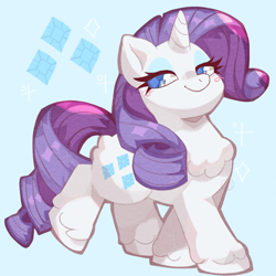 Size: 2000x2000 | Tagged: safe, artist:lumiville, character:rarity, species:pony, species:unicorn, g4, blue background, chest fluff, cute, diamonds, female, high res, looking at you, mare, raised leg, raribetes, simple background, smiling, smiling at you, solo