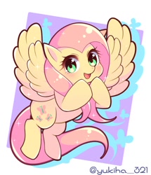 Size: 900x1048 | Tagged: safe, artist:yukiha_321, character:fluttershy, species:pegasus, species:pony, g4, cute, female, looking at you, mare, open mouth, open smile, shyabetes, signature, smiling, smiling at you, solo, spread wings, wings
