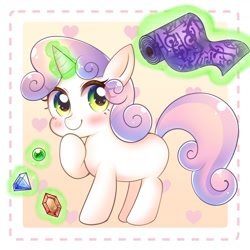 Size: 1100x1100 | Tagged: safe, artist:yukiha_321, character:sweetie belle, species:pony, species:unicorn, g4, beads, blank flank, blushing, cute, diasweetes, fabric, female, filly, gem, glowing horn, heart, hoof on chin, hooves, horn, levitation, magic, magic aura, raised hoof, smiling, solo, telekinesis, young