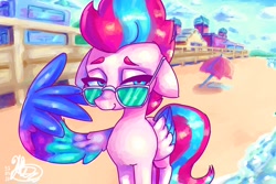 Size: 1200x800 | Tagged: safe, artist:mannybcadavera, character:zipp storm, species:pegasus, species:pony, g5, beach, colored eyebrows, colored wings, eyebrows, female, glasses, looking at you, mare, multicolored wings, outdoors, signature, solo, sunglasses, wing hands, wings