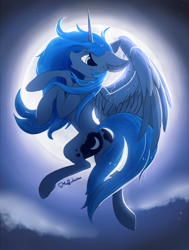 Size: 3660x4843 | Tagged: safe, artist:muffinkarton, character:princess luna, species:alicorn, species:pony, g4, chest fluff, cute, ear fluff, female, flying, full moon, leg fluff, lunabetes, mare, moon, night, profile, signature, sky, solo, wing fluff, wings