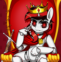 Size: 1334x1351 | Tagged: safe, alternate version, artist:dacaoo, oc, oc only, oc:blackjack, species:pony, species:unicorn, fallout equestria, fallout equestria: project horizons, g4, amputee, artificial hands, chair, clothing, crossover, cybernetic legs, cyborg, fallout, fanfic art, female, horn, level 1 (project horizons), looking at you, mare, sitting, small horn, solo, sword, throne, unicorn oc, video game, wallpaper, weapon