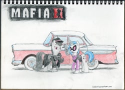 Size: 2074x1496 | Tagged: safe, artist:apocheck13, character:dj pon-3, character:octavia melody, character:vinyl scratch, species:earth pony, species:pony, species:unicorn, g4, car, clothing, crossover, cutie mark, duo, duo female, explicit source, eyelashes, female, females only, glowing horn, gun, hat, hooves, horn, levitation, mafia ii, mafia octavia, magic, magic aura, mare, one hoof raised, shirt, submachinegun, tail, traditional art, vest, video game, video game crossover, vinyl's glasses, weapon