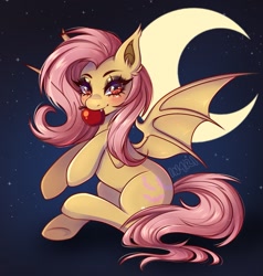 Size: 1795x1885 | Tagged: safe, artist:in4ri_, character:flutterbat, character:fluttershy, species:bat pony, species:pony, g4, apple, bat ponified, bat wings, crescent moon, food, looking at you, moon, race swap, signature, solo, sparkles, spread wings, stars, wings