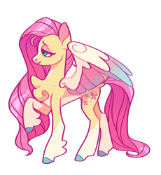 Size: 1282x1392 | Tagged: safe, artist:amaryllidae, character:fluttershy, species:pegasus, species:pony, g4, alternate design, chest fluff, coat markings, colored eyebrows, colored wings, concave belly, cute, eyebrows, female, gradient wings, mare, multicolored wings, pale belly, partially open wings, profile, quadrupedal, raised hoof, shyabetes, simple background, smiling, socks (coat marking), solo, transparent background, wings
