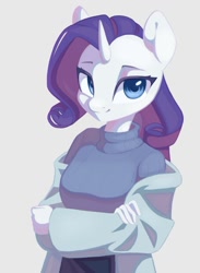 Size: 783x1067 | Tagged: safe, artist:melodylibris, character:rarity, species:anthro, species:unicorn, g4, clothing, colored eyebrows, crossed arms, eyebrows, female, gray background, looking at you, mare, simple background, smiling, solo, sweater, three quarter view, turtleneck