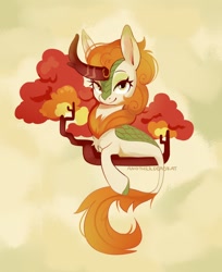 Size: 1046x1280 | Tagged: safe, artist:anotherdeadrat, character:autumn blaze, species:kirin, g4, abstract background, awwtumn blaze, bust, colored hooves, cute, female, hooves, portrait, signature, smiling, solo, tree