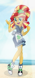 Size: 4944x10776 | Tagged: safe, artist:emeraldblast63, artist:gurihiru, character:sunset shimmer, species:human, episode:good vibes, eqg summertime shorts, g4, my little pony:equestria girls, absurd resolution, alternate hairstyle, clothing, converse, high res, lens flare, looking at you, open mouth, open smile, shoes, smiling, sneakers, sunset sushi, waving, waving at you