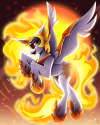 Size: 2400x3000 | Tagged: safe, artist:starcasteclipse, character:daybreaker, character:princess celestia, species:alicorn, species:pony, g4, alter ego, antagonist, armor, armored pony, background, big wings, burning, clothing, collar, colored, devious, devious smile, ear fluff, elbow fluff, evil counterpart, female, fiery mane, fire, flying, full body, full color, gradient background, headgear, highlights, jewelry, long mane, long tail, looking at you, looking back, mare, open mouth, particles, profile, raised hoof, regalia, shading, sharp teeth, shoes, simple background, smiling, solo, spread wings, tail, teeth, upright, white coat, wings, yellow background, yellow eyes