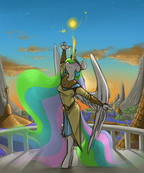 Size: 1466x1766 | Tagged: safe, artist:sinrar, character:princess celestia, species:alicorn, species:anthro, species:unguligrade anthro, g4, beautiful, canterlot, clothing, dress, eyes closed, female, majestic, mare, morning, partially open wings, praise the sun, raising the sun, solo, sun, wings