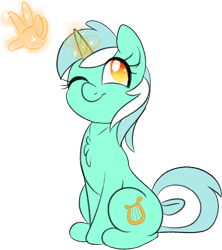 Size: 726x818 | Tagged: safe, artist:songheartva, character:lyra heartstrings, species:pony, species:unicorn, g4, chest fluff, colored pupils, cute, female, glowing horn, hand, horn, looking up, lyrabetes, magic, magic aura, magic hands, mare, one eye closed, simple background, solo, three quarter view, transparent background, wink