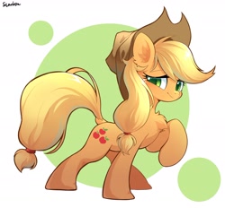 Size: 2048x1899 | Tagged: safe, artist:sione29031414, character:applejack, species:earth pony, species:pony, g4, apple family member, applejack's hat, blushing, chest fluff, clothing, cowboy hat, cute, ear fluff, female, freckles, hat, jackabetes, looking at you, mare, raised hoof, signature, simple background, smiling, smiling at you, solo, stetson, white background